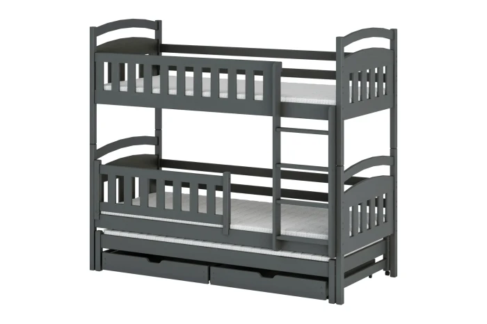 Graues Etagenbett aus Kiefernholz mit zusätzlichem Ausziehbett und Schubladen.
