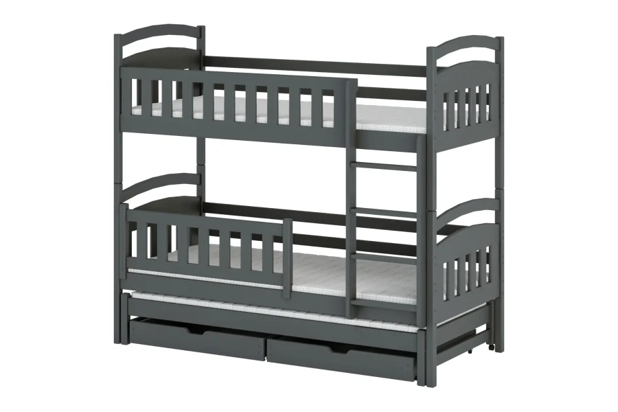 Graues Etagenbett aus Kiefernholz mit zusätzlichem Ausziehbett und Schubladen.