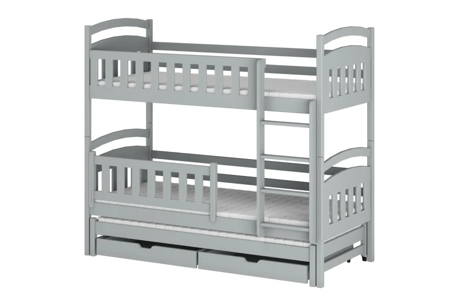 Graues Etagenbett für 3 Personen mit Ausziehbett und Schubladen, Massivholz-Design für Kinderzimmer.