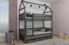 Graues Etagenbett in Hausform für Kinder mit Ausziehbett und Schubladen im gemütlichen Kinderzimmer.