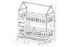 Abmessungen und technische Details des Kinder-Etagenbetts in Hausform in einer Skizze.