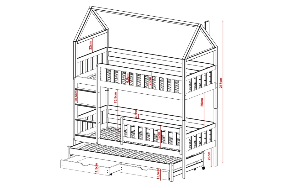 Abmessungen und technische Details des Kinder-Etagenbetts in Hausform in einer Skizze.