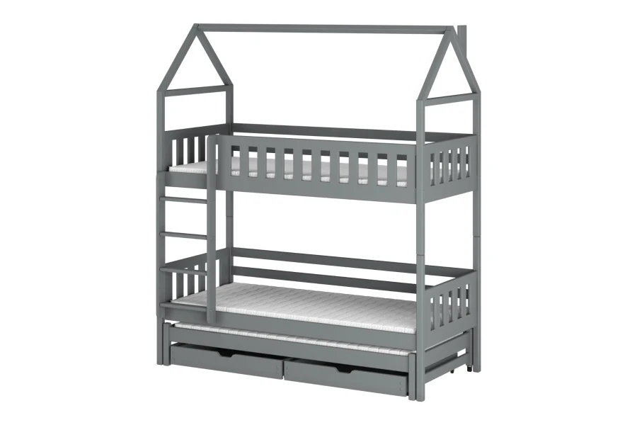 Graues Etagenbett für Kinder in Hausoptik mit integriertem Rausfallschutz und Bettkasten.