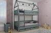 Graues Etagenbett in Hausform für Kinder mit Ausziehbett und Schubladen in gemütlichem Kinderzimmer.