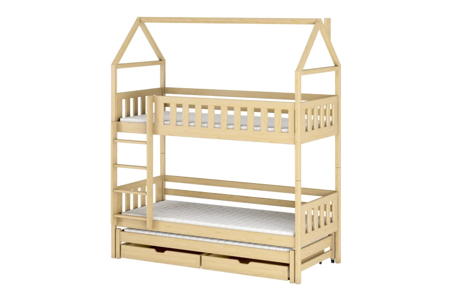 Helles Kinder-Etagenbett in Hausform aus Kiefernholz mit dritter Ausziehliege und Schubladen.