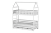 Three-tier bunk bed in house look made of white wood with ladder, pull-out bed and two drawers on castors.