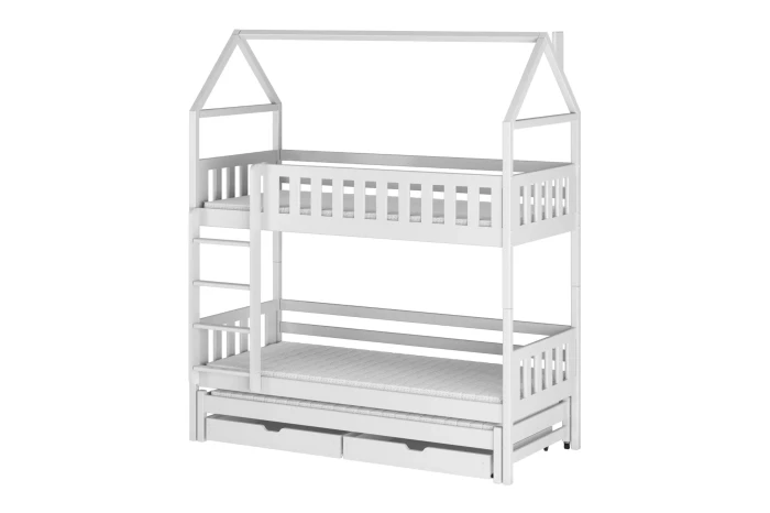 Three-tier bunk bed in house look made of white wood with ladder, pull-out bed and two drawers on castors.