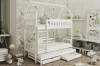 Child-friendly house bunk bed in safari look children's room with wall wallpaper, plush toys and storage boxes.