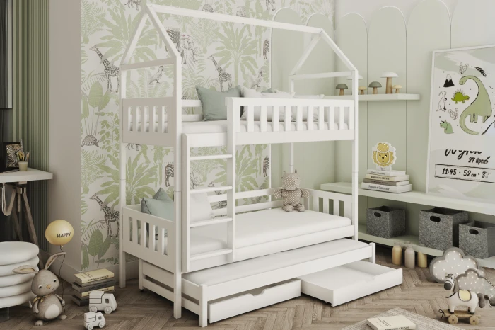 Child-friendly house bunk bed in safari look children's room with wall wallpaper, plush toys and storage boxes.