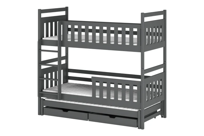 Graues Etagenbett aus Holz mit drei Schlafplätzen und zwei Schubladen, ideal für das Kinderzimmer.
