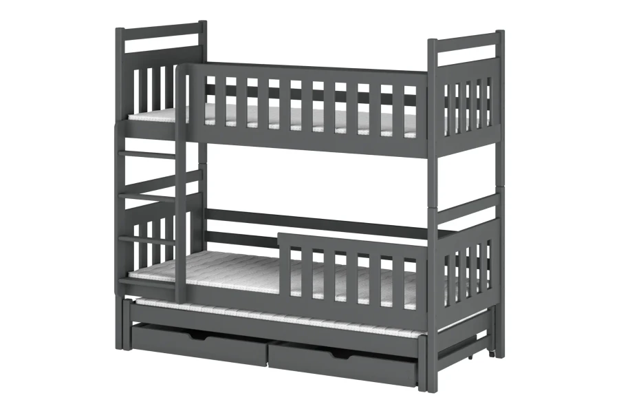 Graues Etagenbett aus Holz mit drei Schlafplätzen und zwei Schubladen, ideal für das Kinderzimmer.