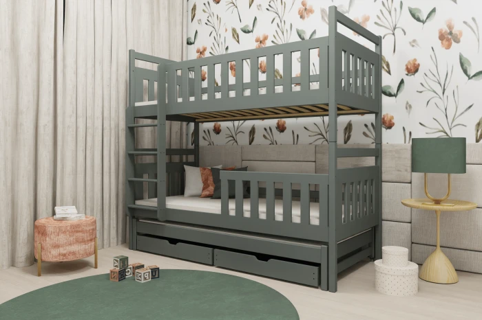 Wohnliches Kinderzimmer mit modernem grauen Etagenbett, floraler Tapete und dekorativen Accessoires.