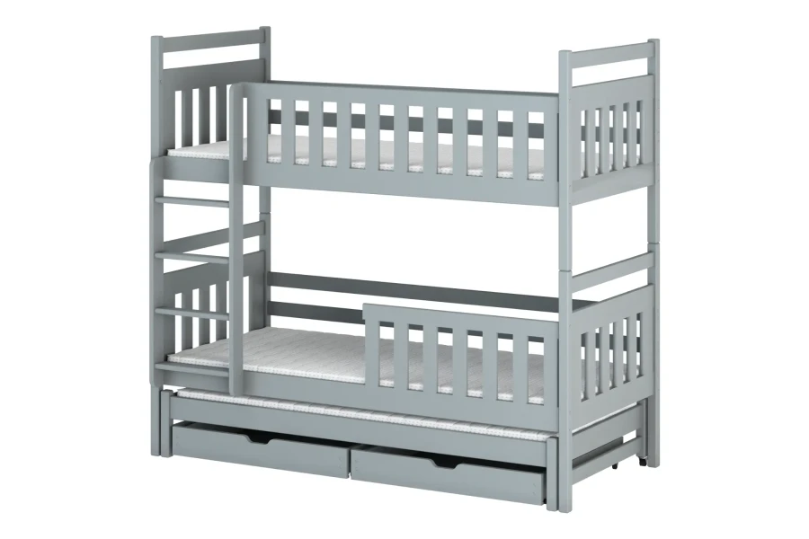 Graues Etagenbett aus Holz mit Ausziehbett und zwei praktischen Schubladen.