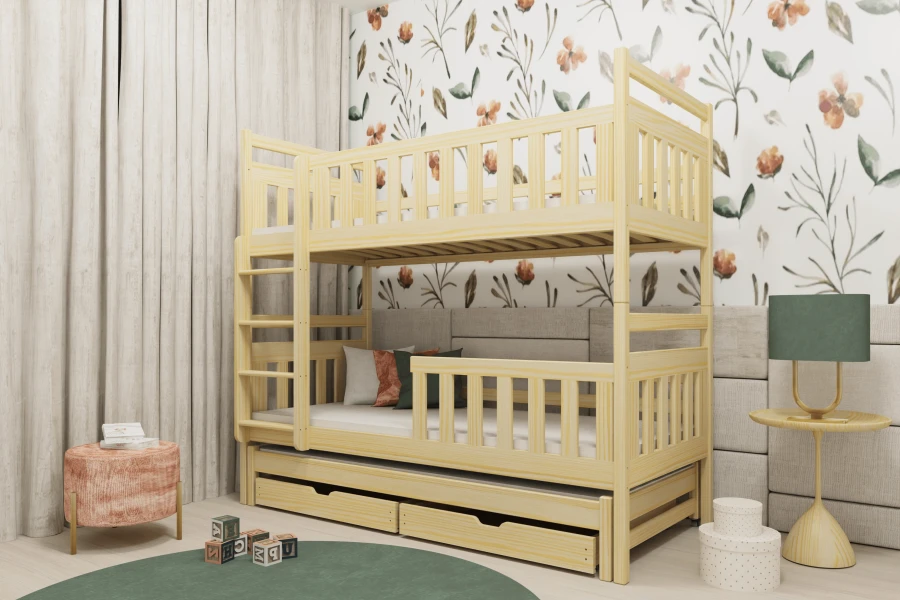 Eingerichtetes Kinderzimmer mit einem stabilen 3er-Stockbett aus Kiefernholz und Blumen-Tapete.