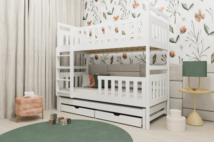 Hochwertiges weißes Doppelstockbett mit integriertem Stauraum in einem modernen Kinderzimmer.