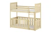 Natural wood bunk bed with fall protection and ladder for children's room.