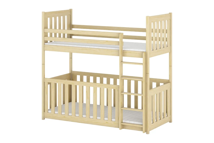 Etagenbett aus Naturholz mit Rausfallschutz und Leiter für Kinderzimmer.