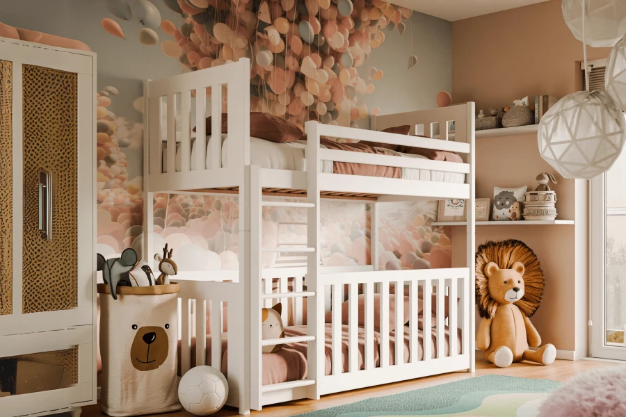Weißes Etagenbett für Geschwister mit Rausfallschutz und bunten Heißluftballon-Motiven.