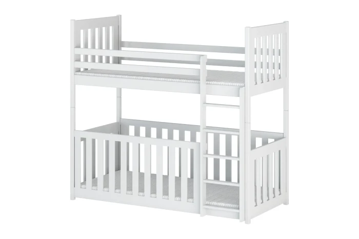 Weißes Etagenbett aus Massivholz mit Leiter und Rausfallschutz, stabiles Hochbett für das Kinderzimmer.