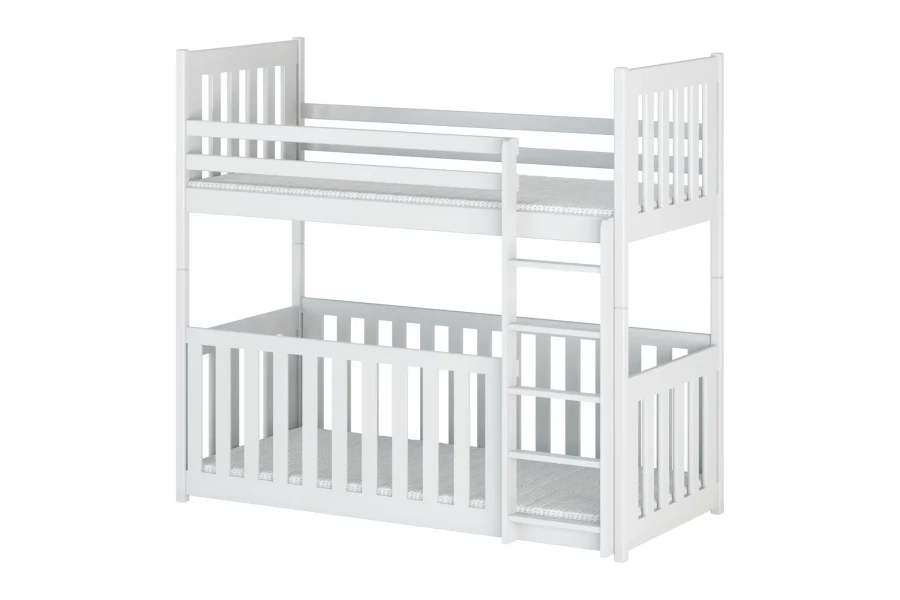Weißes Etagenbett aus Massivholz mit Leiter und Rausfallschutz, stabiles Hochbett für das Kinderzimmer.