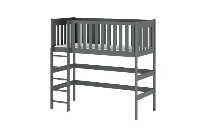 Modernes graues Hochbett für Kinder aus massivem Holz mit integrierter Leiter und Rausfallschutz.