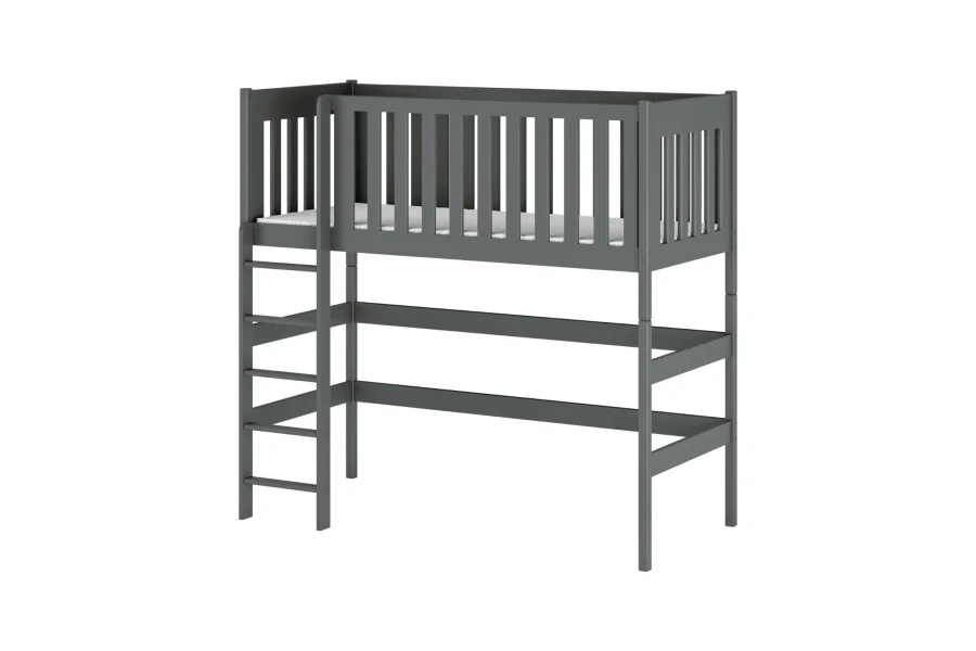Modernes graues Hochbett für Kinder aus massivem Holz mit integrierter Leiter und Rausfallschutz.