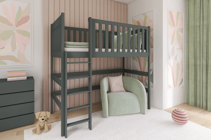 Modernes dunkelgraues Hochbett im Kinderzimmer mit gemütlichem Sessel.