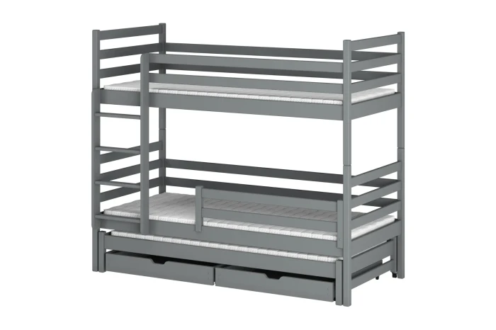 Grey solid wood bunk bed with a third pull-out bed and two practical drawers.