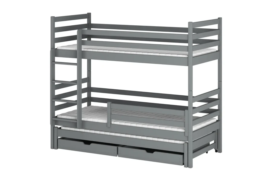 Graues Etagenbett aus Massivholz mit drittem Ausziehbett und zwei praktischen Schubladen.