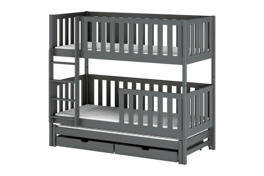 Graues Etagenbett für Kinder mit drittem Ausziehbett und praktischen Schubladen.