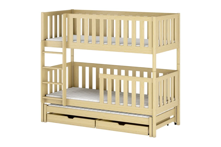 Dreistöckiges Etagenbett aus Naturholz mit Ausziehbett und zwei Schubladen für das Kinderzimmer.