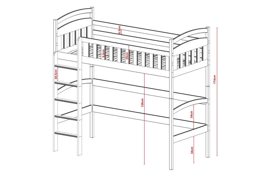 Technische Zeichnung mit Maßen für das Hochbett: Gesamthöhe 174 cm und Durchgangshöhe 120 cm.