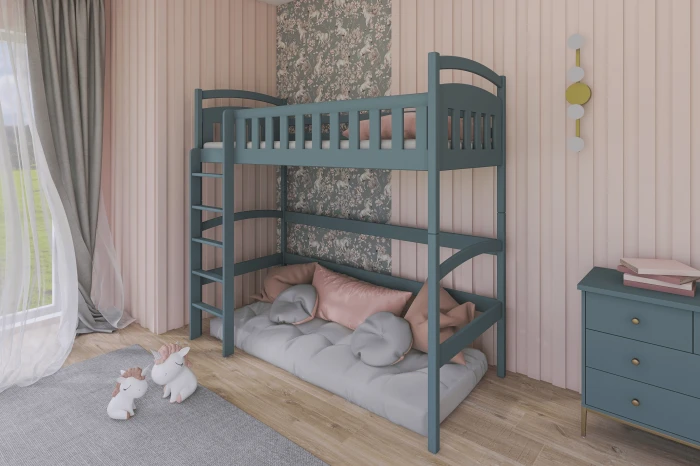 Eingerichtetes Kinderzimmer mit blauem Hochbett, gemütlicher Spielecke darunter und rosa Wandgestaltung.