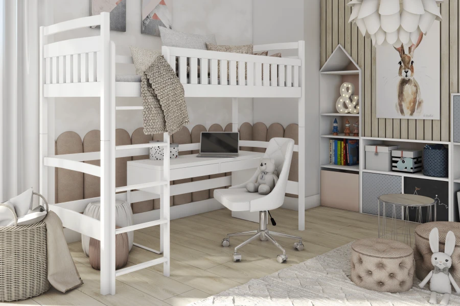 Weißes Hochbett mit integriertem Schreibtisch im modern eingerichteten Kinderzimmer.