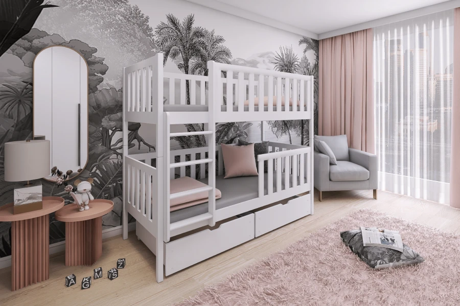 Weißes Etagenbett aus Kiefernholz im modernen Kinderzimmer mit Bettschubladen.