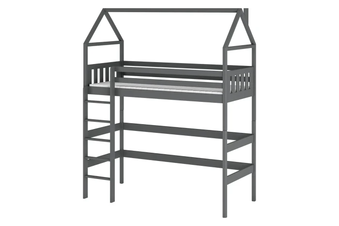 Hausbett Hochbett in Graphitgrau mit Leiter für Kinder