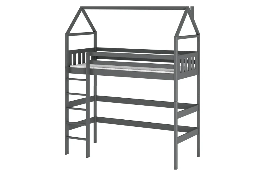 Hausbett Hochbett in Graphitgrau mit Leiter für Kinder