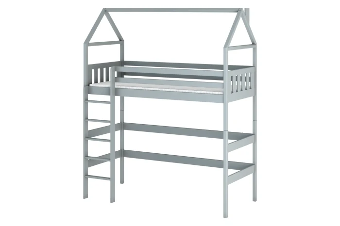 Graues Kinder-Hochbett in Haus-Optik mit Leiter und Rausfallschutz, freigestellt auf weißem Hintergrund.