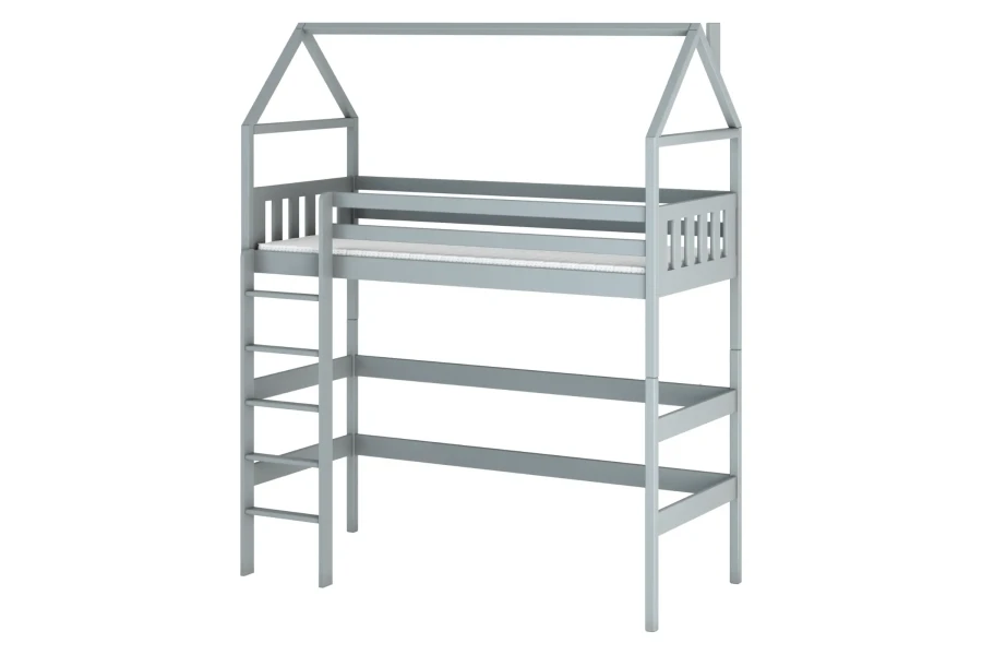 Graues Kinder-Hochbett in Haus-Optik mit Leiter und Rausfallschutz, freigestellt auf weißem Hintergrund.