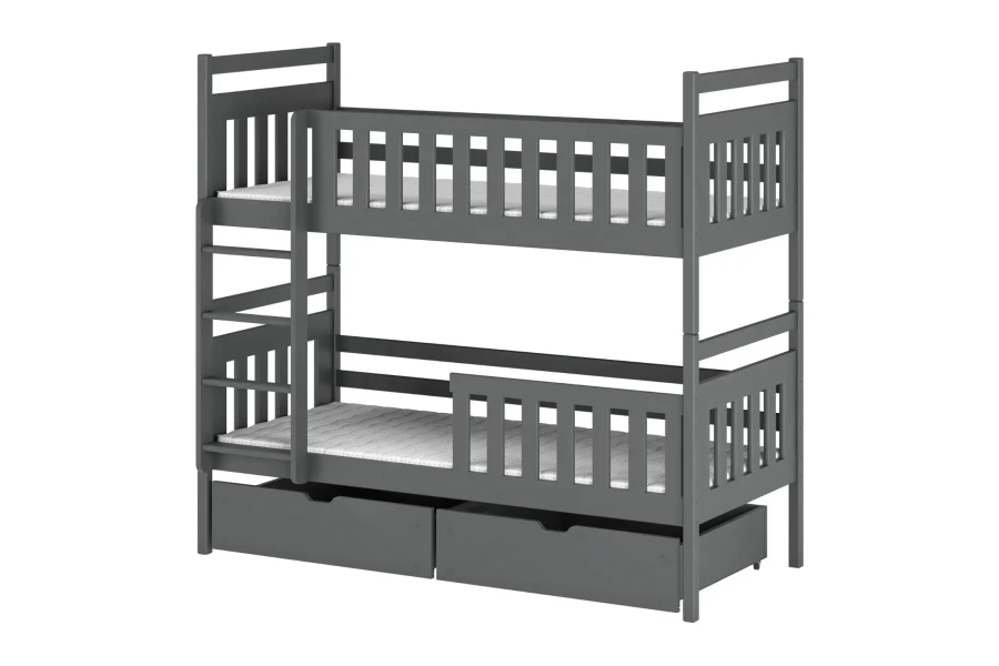 Graues Etagenbett aus Kiefernholz mit zwei Schubladen für Kinderzimmer.