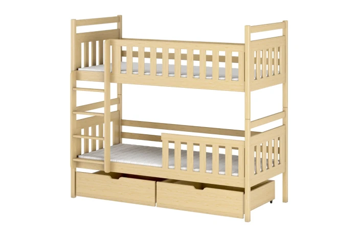 Solid wood bunk bed in natural colours with ladder and two pull-out drawers.