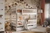 White children's bunk bed in a lovingly decorated room with animal wallpaper.