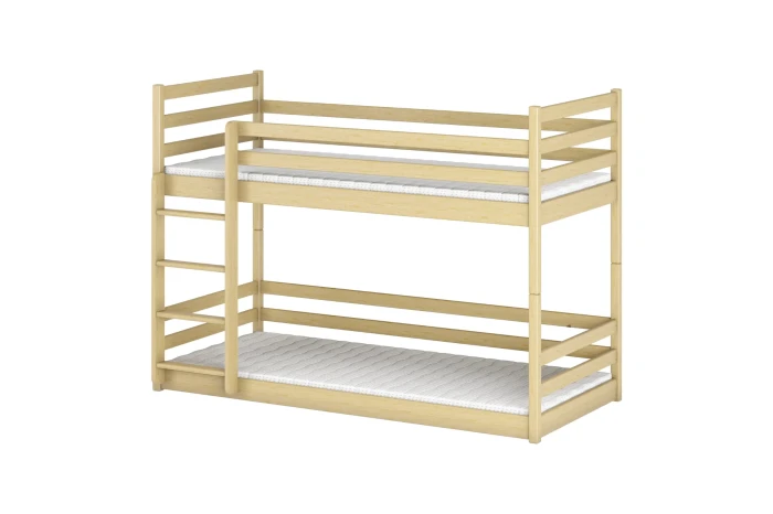Stabiles Etagenbett aus hellem Kiefernholz mit Leiter für das Kinderzimmer, schlichtes Natur-Design.