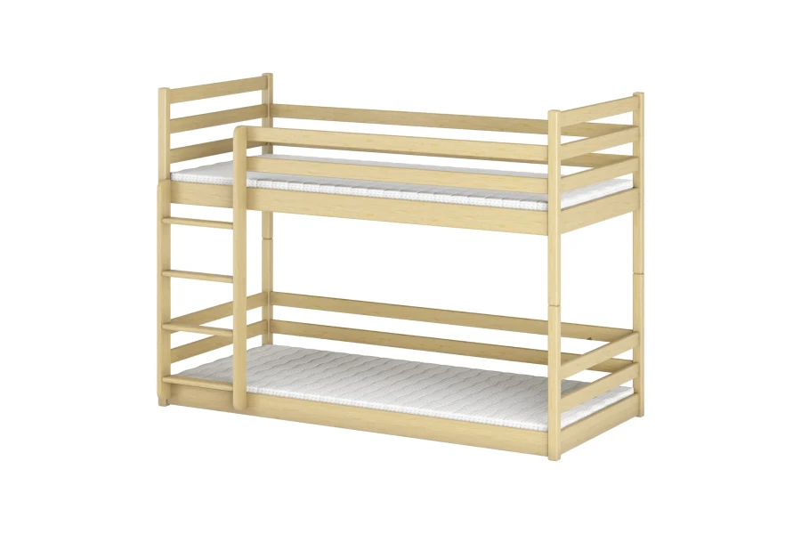 Stabiles Etagenbett aus hellem Kiefernholz mit Leiter für das Kinderzimmer, schlichtes Natur-Design.