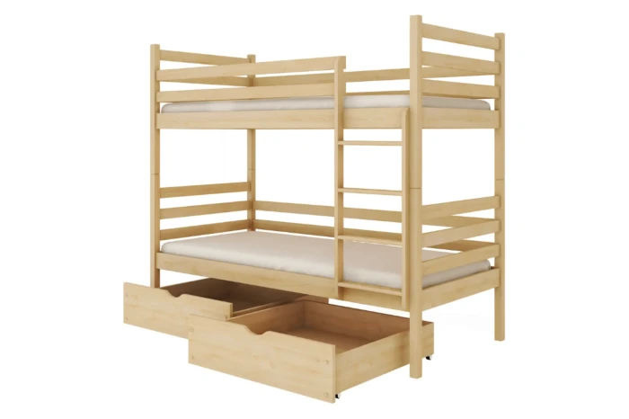 Stockbett aus Naturholz mit zwei Bettschubladen auf weißem Hintergrund.