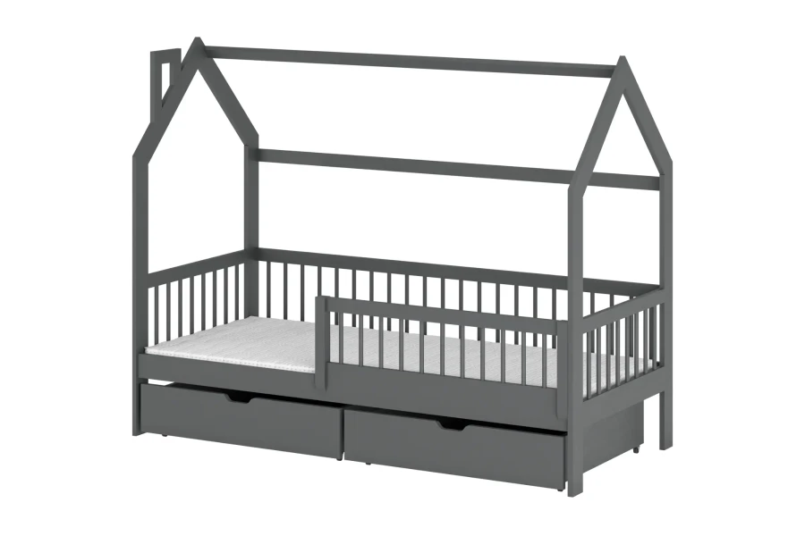 Graues Hausbett aus Holz für Kinder mit praktischen Schubladen und sicherem Rausfallschutz.