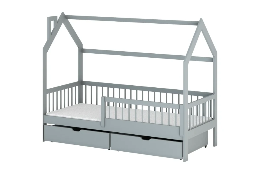 Modernes graues Hausbett aus Massivholz mit Rausfallschutz und zwei praktischen Schubladen auf weißem Grund.