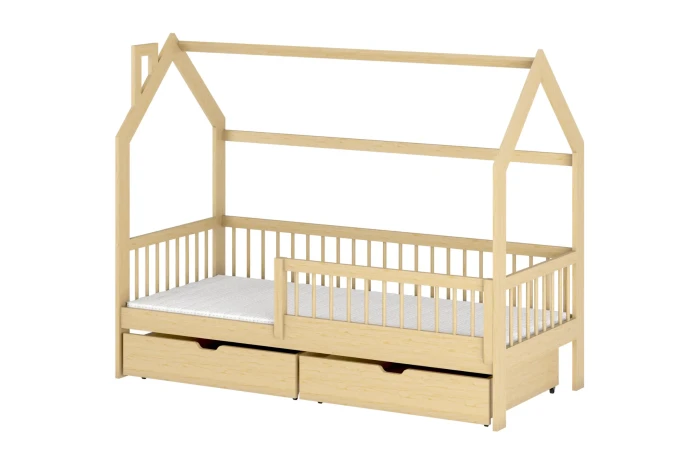 Kinder-Hausbett aus Kiefernholz mit zwei Bettkästen und integriertem Rausfallschutz.