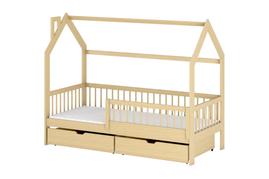 Kinder-Hausbett aus Kiefernholz mit zwei Bettkästen und integriertem Rausfallschutz.