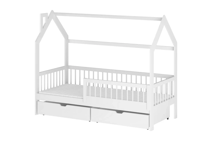 Weißes Hausbett für Kinder mit Rausfallschutz und zwei praktischen Bettschubladen auf weißem Grund.